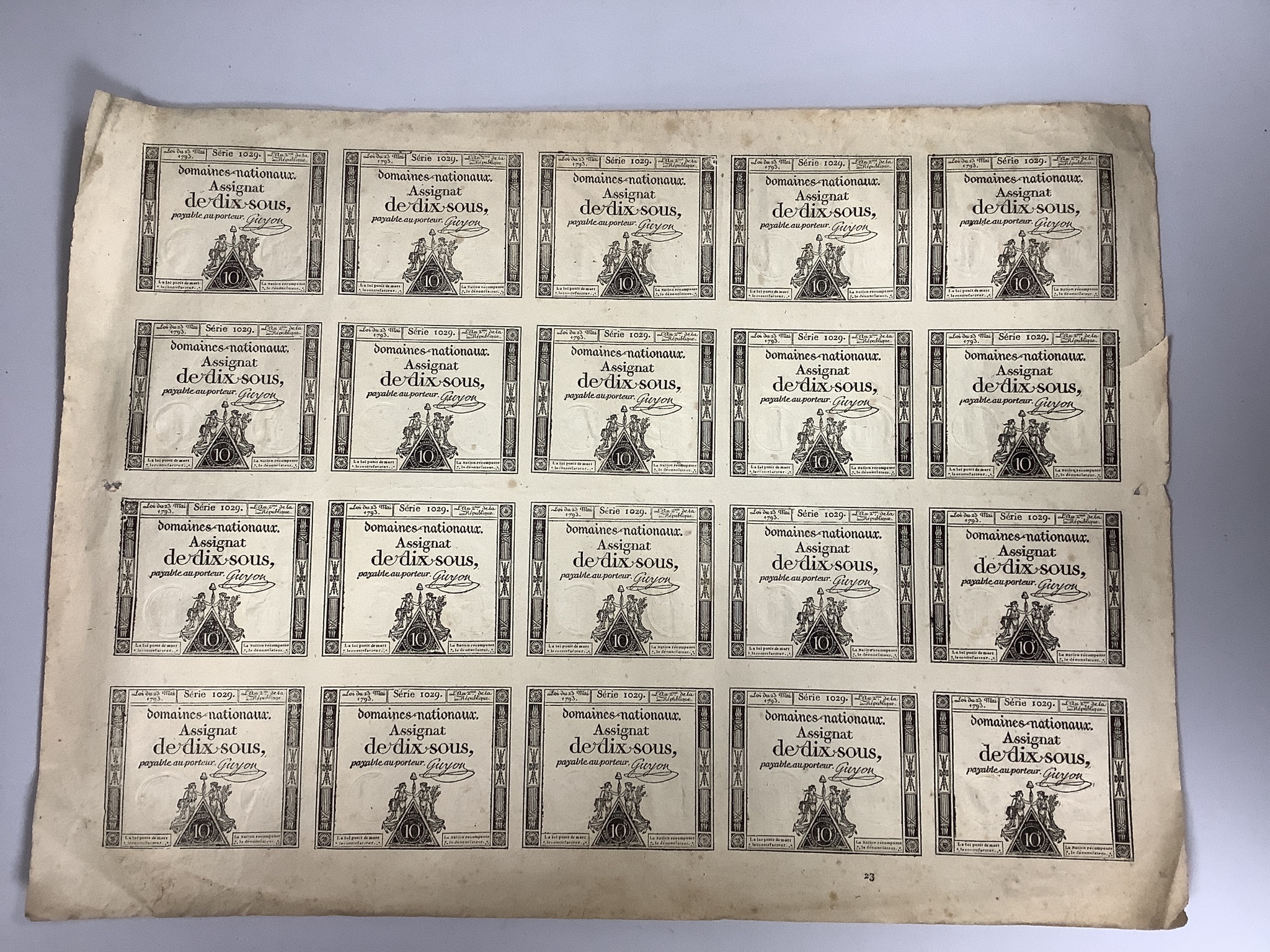 French Revolutionary banknotes, Republic Francaise, an uncut sheet of 20 domaines nationaux Assignat de dix francs, 10 francs, Loi du 23 Mai 1793, Serie 1029, and 2 sheets of 10 Assignat de cinq livres, 5 livres, Serie 4